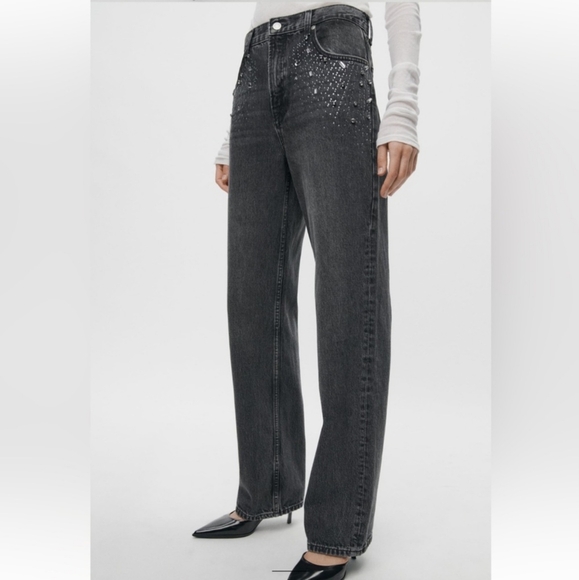 Zara Mid Waist Straight Cut Jewel Jeans - Picture 2 of 8